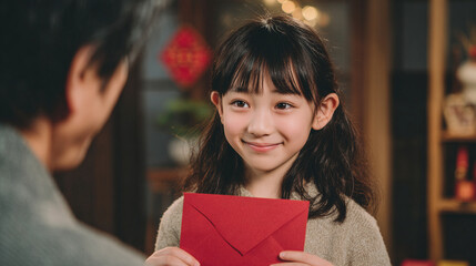 Young girl, joyful mood, receiving a red envelope, festive indoor celebration background