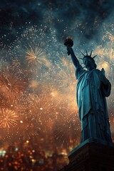 Obraz premium Holiday celebration event. The Statue of Liberty illuminated by a vibrant display of fireworks, set against a backdrop of a cityscape. The statue stands tall and proud.