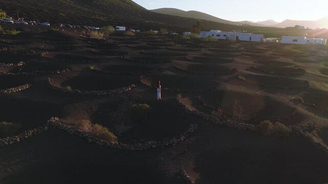 Aerial view of La Geria, Lanzarote, Canary Islands. Stone pits in black ash, white buildings, volcanic cones. Lone person raises an arm in warm backlight.