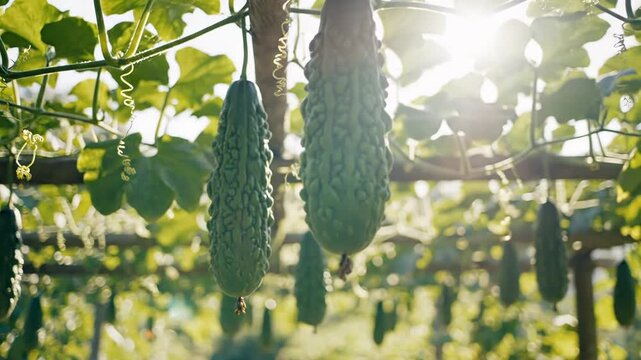 Bitter melons hanging from a trellis in a lush green garden with sunlight