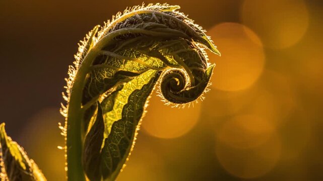 Close-up of a vibrant green fern frond unfurling in golden hour sunlight.