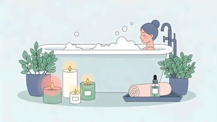 Relaxing Spa Bath Scene with Woman Enjoying Wellness and Tranquil Self Care Atmosphe