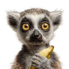Adorable Ring-tailed Lemur Holding Banana in Close-up Shot with Bright Eyes and Warm Lighting on White Background for Wildlife Conservation