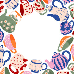 Wreath of colorful teapot and cup with heart, stripe, floral and elegant pattern in flat style. Ideal for tea menu or kitchen wallpaper isolated on a white background.