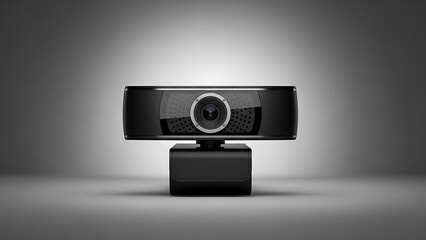 Modern Black Webcam for Video Conferencing, Live Streaming, and Online Communication on Grey Background