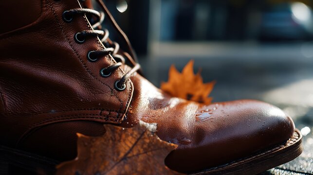 Close up of a richly textured brown leather work boot standing outdoors with fallen autumn oak leaves glistening with morning dew or rainwater - Powered by Adobe