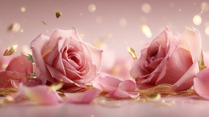 Pink roses and rose petals with thin golden threads gently floating around, clean elegant composition, soft blush background