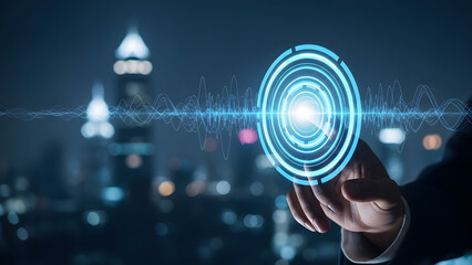 Abstract digital interface with glowing concentric circles and sound wave overlay, representing technology and data visualization