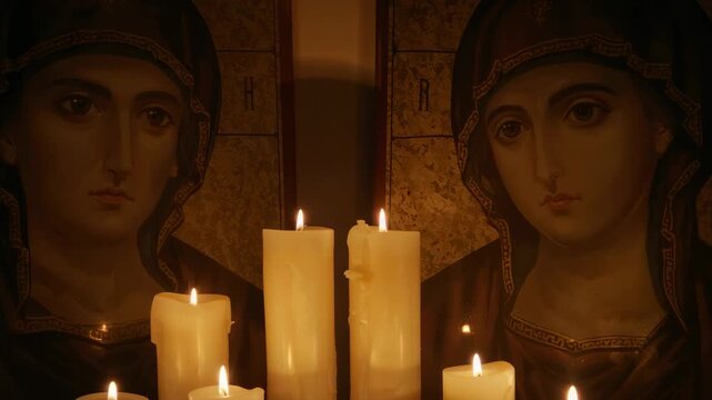 Burning cream pillar candles casting warm altar light on veiled saints in gold robes, wax pooling