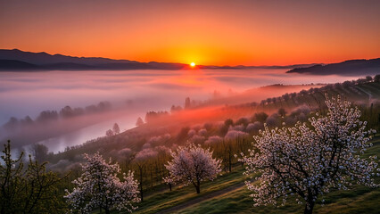 Obraz premium Sunrise Over A Misty Valley With Blooming Cherry Trees And Distant Mountains