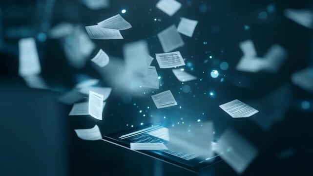 Digital document management and data transfer paperless workflow with futuristic technology, glowing tablet emits floating documents, symbolizing efficient information exchange and digital