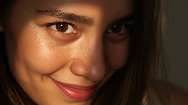 Smiling adult female reacting to warm window sunlight, opening eyes and shifting gaze toward camera