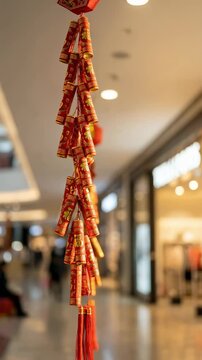 Red chinese new year firecracker decoration hanging indoor. Lunar new year decorative ornament for celebration. Vertical video