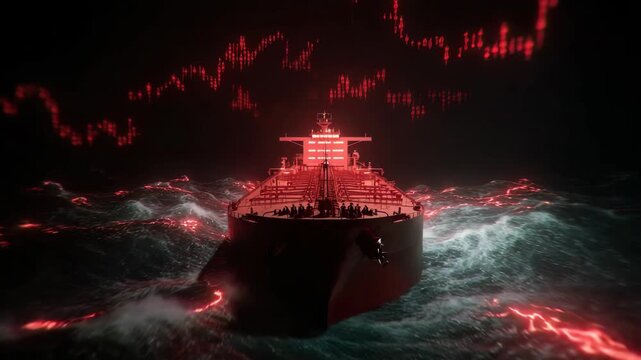 Tanker ship navigating stormy ocean at night with red digital light, glowing water, data charts, and financial graph, symbolizing crisis, uncertainty, technology, and dramatic finance in turbulent sea