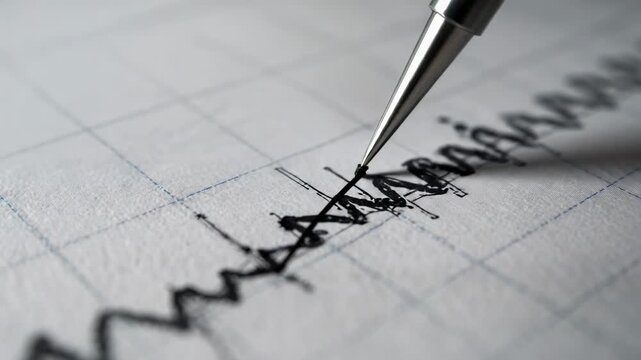 Touching down metal pen tip pressing and retracing across gridded paper to reinforce waveform