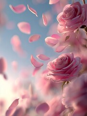 Dreamy scene filled with fully bloomed pink roses, soft rose petals fluttering in the air, romantic and ethereal atmosphere, depth of field