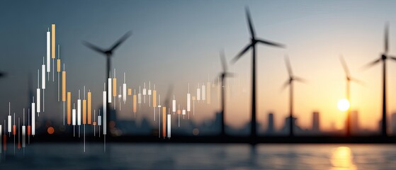 Abstract background shows financial charts and wind turbines at sunset reflecting the growth of green energy and sustainable business concepts