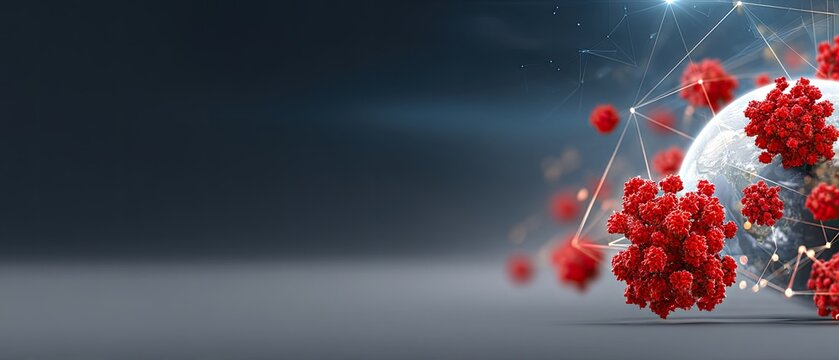 Global care for health shows earth surrounded by red coronavirus particles with blue geometric patterns in the background - Powered by Adobe