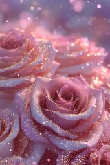 A dreamlike scene of roses bathed in a rose-gold glow. The petals are dusted with crystalline frost or glitter, making them shimmer like jewels. The shallow depth of field creates a sense of whimsical