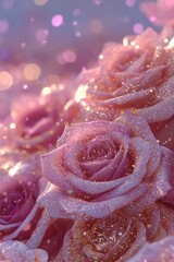 A dreamlike scene of roses bathed in a rose-gold glow. The petals are dusted with crystalline frost or glitter, making them shimmer like jewels. The shallow depth of field creates a sense of whimsical