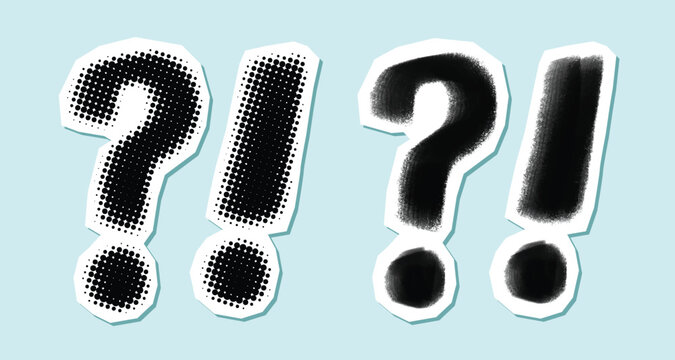 Halftone question mark and exclamation mark icon charcoal brush stroke trendy collage vector design elements illustration isolated