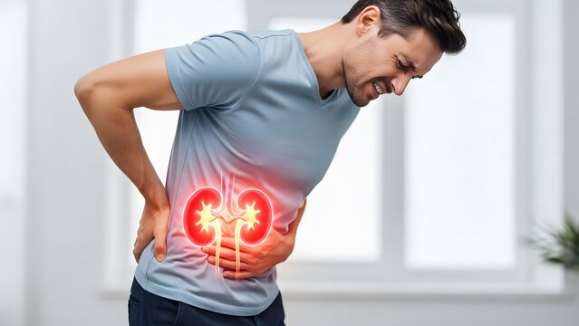 Kidney pain and renal failure symptoms. Nephrology health and internal organ inflammation. Man in a t-shirt holding his side with a glowing anatomical kidney illustration in pain