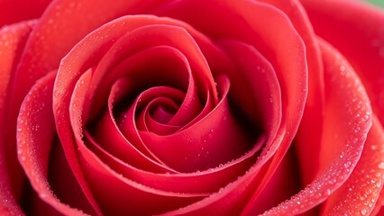Close up of a vibrant red rose with dew drops on its delicate petals in a macro view