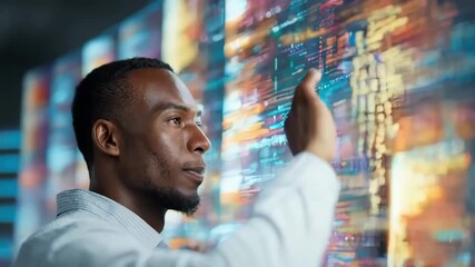 Tech specialist interacting with a transparent digital ledger interface demonstrating blockchain data verification and transaction transparency. - Powered by Adobe