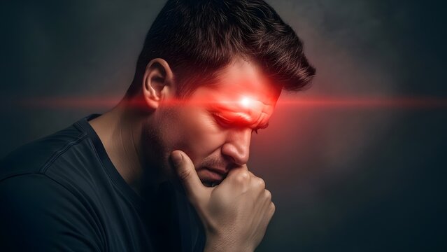 Intense headache and chronic migraine symptoms. Mental health and sinus pressure relief. Close up profile of a man with closed eyes and a red glowing laser line across his forehead