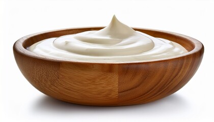 white sauce in a wooden bowl isolated on white background