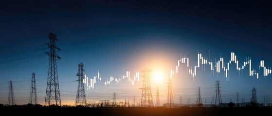 Stock market chart displays rising prices with electric towers in the background on a clear blue sky during sunset
