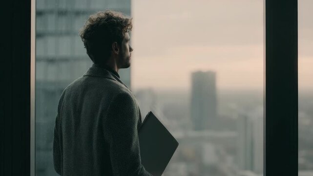 Businessman in modern office holding document and laptop, standing by large window, thinking and gazing at urban cityscape, professional atmosphere, thoughtful expression, contemporary urban view
