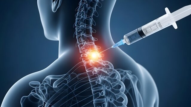 Cervical spine injection and neck pain treatment. Pain management and spinal therapy. Medical syringe needle entering the vertebrae to deliver medication for nerve relief