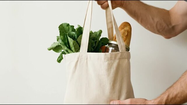 Hands holding a beige canvas tote bag filled with fresh green produce a bread loaf and glass jars against a plain light background