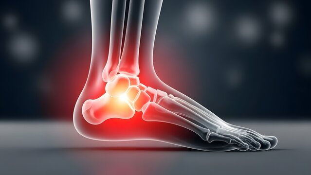 Chronic ankle pain and joint inflammation. Orthopedic injury and podiatry healthcare. Human foot skeletal system with glowing red area indicating severe tarsal bone stress