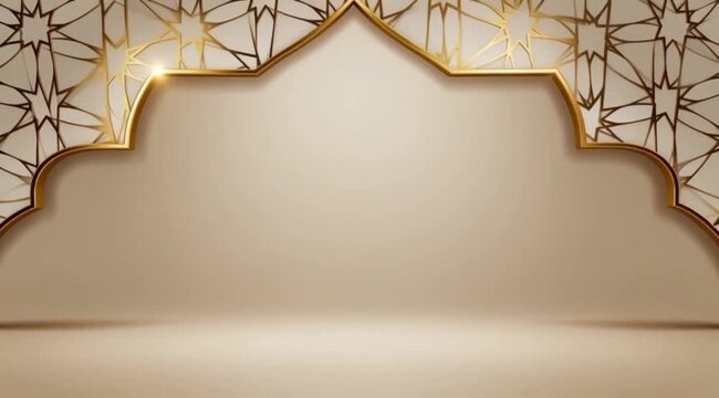 Luxurious golden arch frame with intricate Islamic geometric patterns on a warm beige backdrop, ideal for cultural celebrations, elegant product showcases, or festive greetings