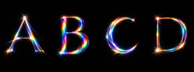 Letters glowing effect set on black background. mega set collection. Refraction glowing rainbow colored glowing neon lights. A B C D
