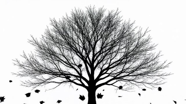 Bare tree with falling leaves on white background.