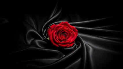 A single red rose on black satin fabric with dramatic lighting and shadows creating a romantic and luxurious atmosphere with a focus on texture