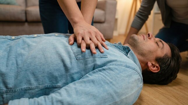 First aid CPR training on unconscious man,emergency life-saving resuscitation technique indoors,cardiac arrest response and healthcare education concept