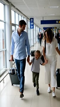 Caucasian family with daughter walking at airport carrying suitcases and smiling