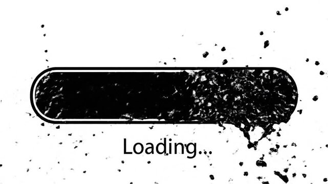 Black loading bar with splattered particles and text.