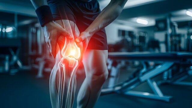 Meniscus injury and orthopedic diagnosis in gym. Sports medicine and joint health. Male athlete holding his knee with a glowing anatomical overlay showing internal bone pain