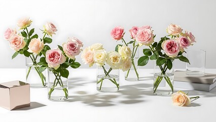 Soft pastel roses in glass vases on white table with boxes and books elegant floral arrangement with peach pink and cream colored flowers