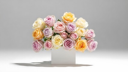 Soft pastel roses in a white vase on a gray background with natural light and shadows floral arrangement with peach pink and purple hues elegant
