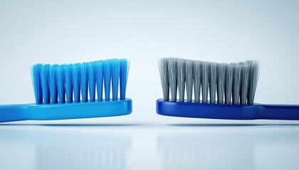 Minimalist Composition of Two Toothbrushes with Blue and Gray Bristles on White Background