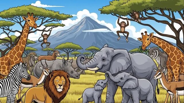 African Savanna Wildlife Cartoon Illustration Safari Animals Group