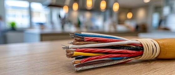 Close-up view of cables and home appliances on office table in modern workspace with blurred background
