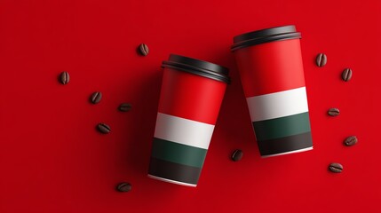 Coffee cups with UAE flag design, minimal composition