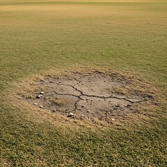 Dry cracked earth on a grassy field